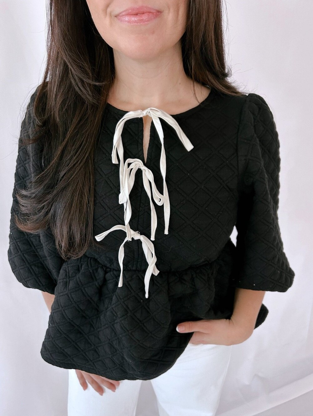 The Fannin Textured Tie Detail Blouse in Black